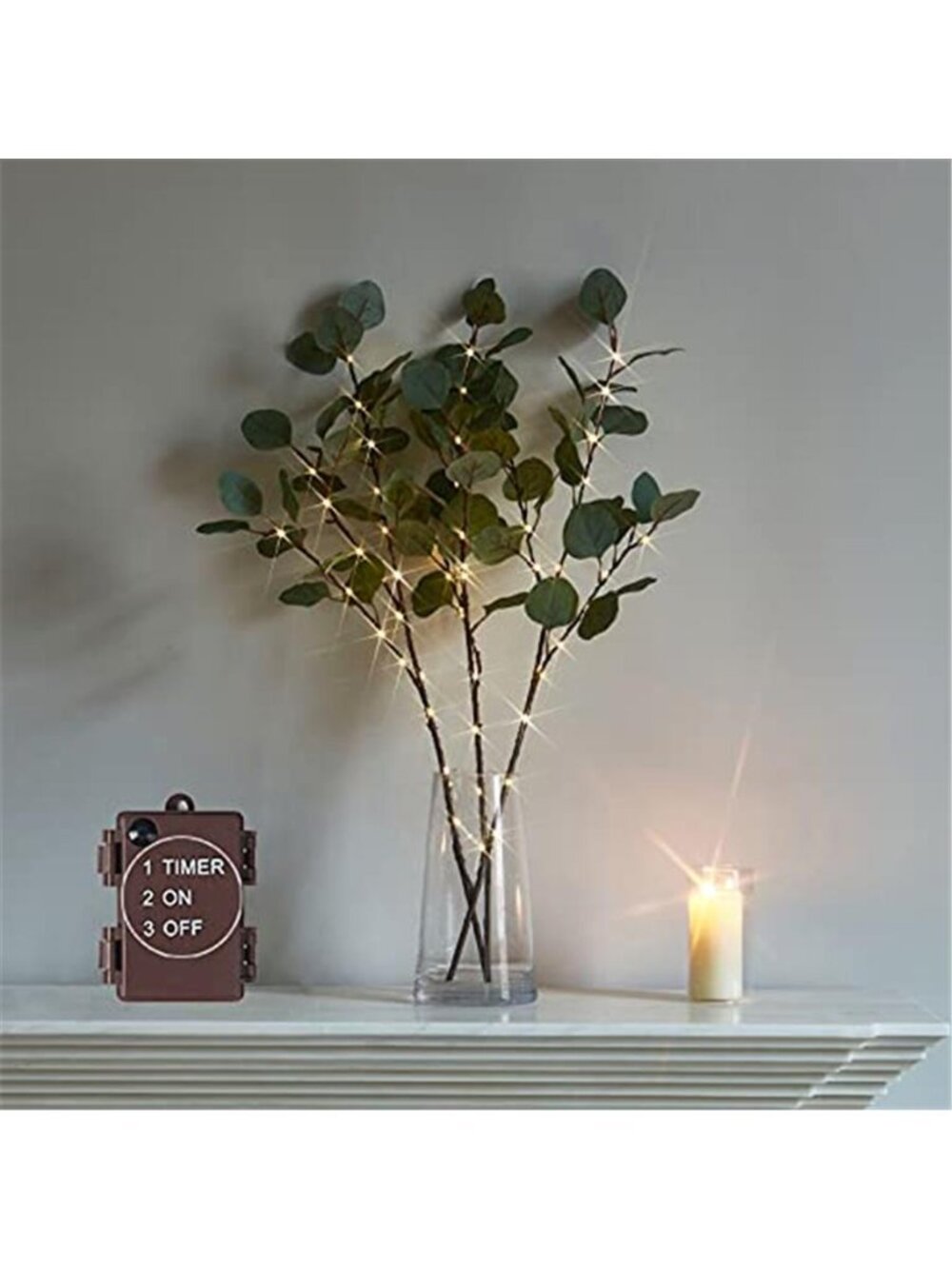 Lighted Eucalyptus Branches 24IN 36 LED Timer Battery Warm White Fairy Lights